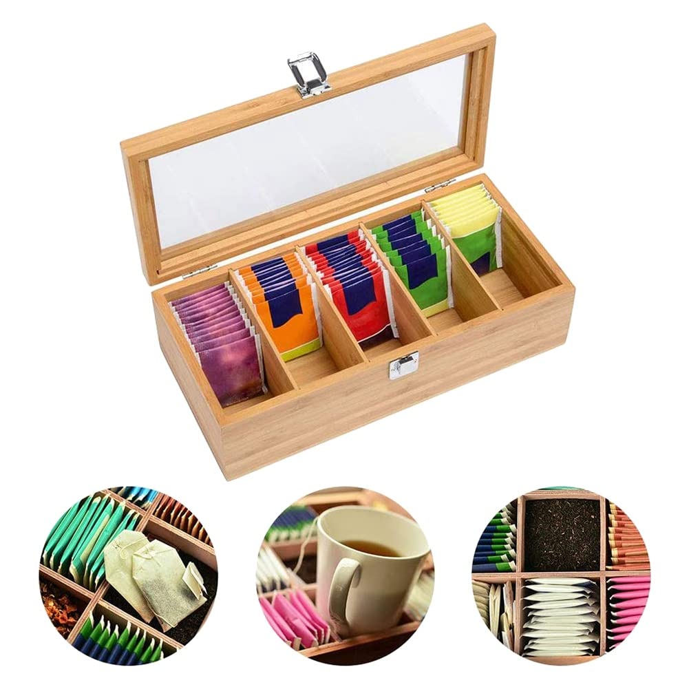 de Bambú Multifuncional Bolsa de Té Organizador de Joyas Caja de Almacenamiento 5 Compartimentos Caja de Té Organizador Contenedor de AzúCar