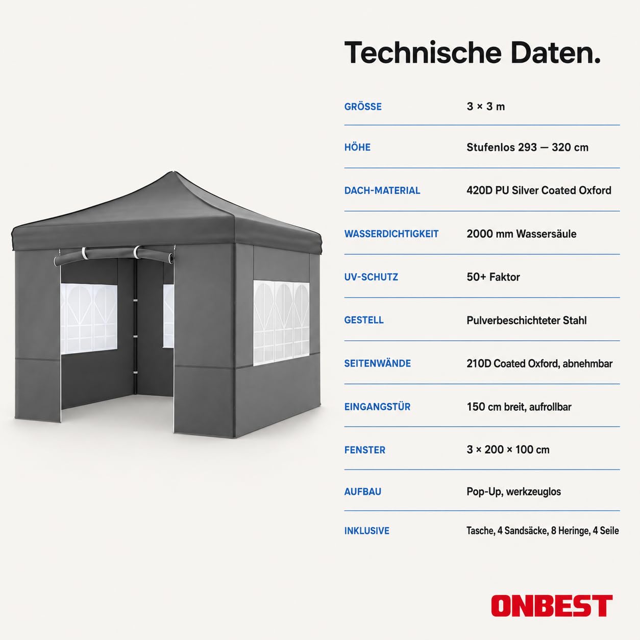 ONBEST Pavillon 3x3 m – Faltpavillon Pop-up mit Seitenwänden, Grau
