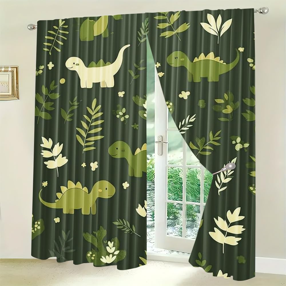 Dinosaurier Vorhänge für Jungen Grüne Dino-Blätter Schlafzimmer Fenstervorhänge Wärmeisoliert Geräuschreduzierend Sichtschutzvorhänge für das Wohnzimmer von Kindern, B75 cm x L165 cm x 2 Stück