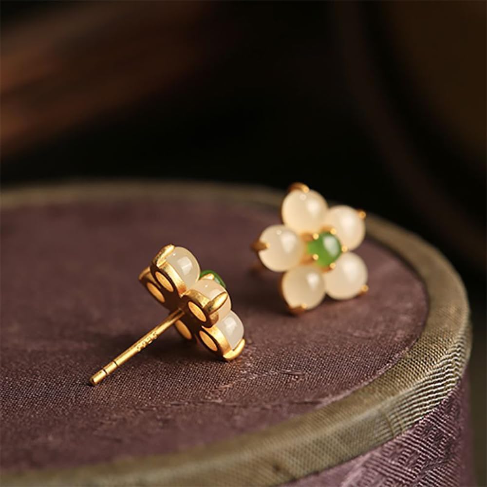 S925 Silver Gold-Plated with Natural White Jade Flower Earrings for Women Yoga Genuine