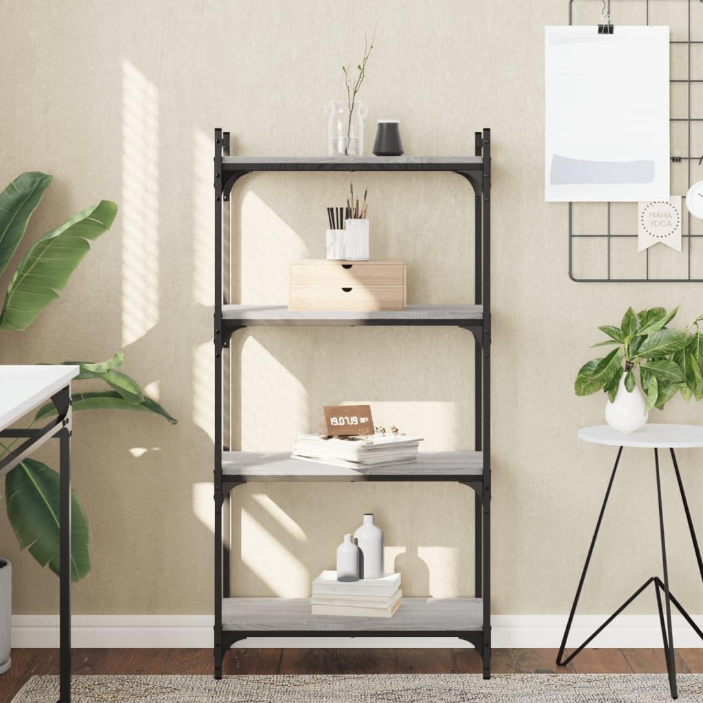 Homgoday Regał na książki, 4 półki, stojący, biurowy, magazynowy, do przechowywania, regulowane nogi, do salonu, gabinetu, biura, szary, Sonoma, 60 x 30 x 120 cm, materiał drewnopochodny
