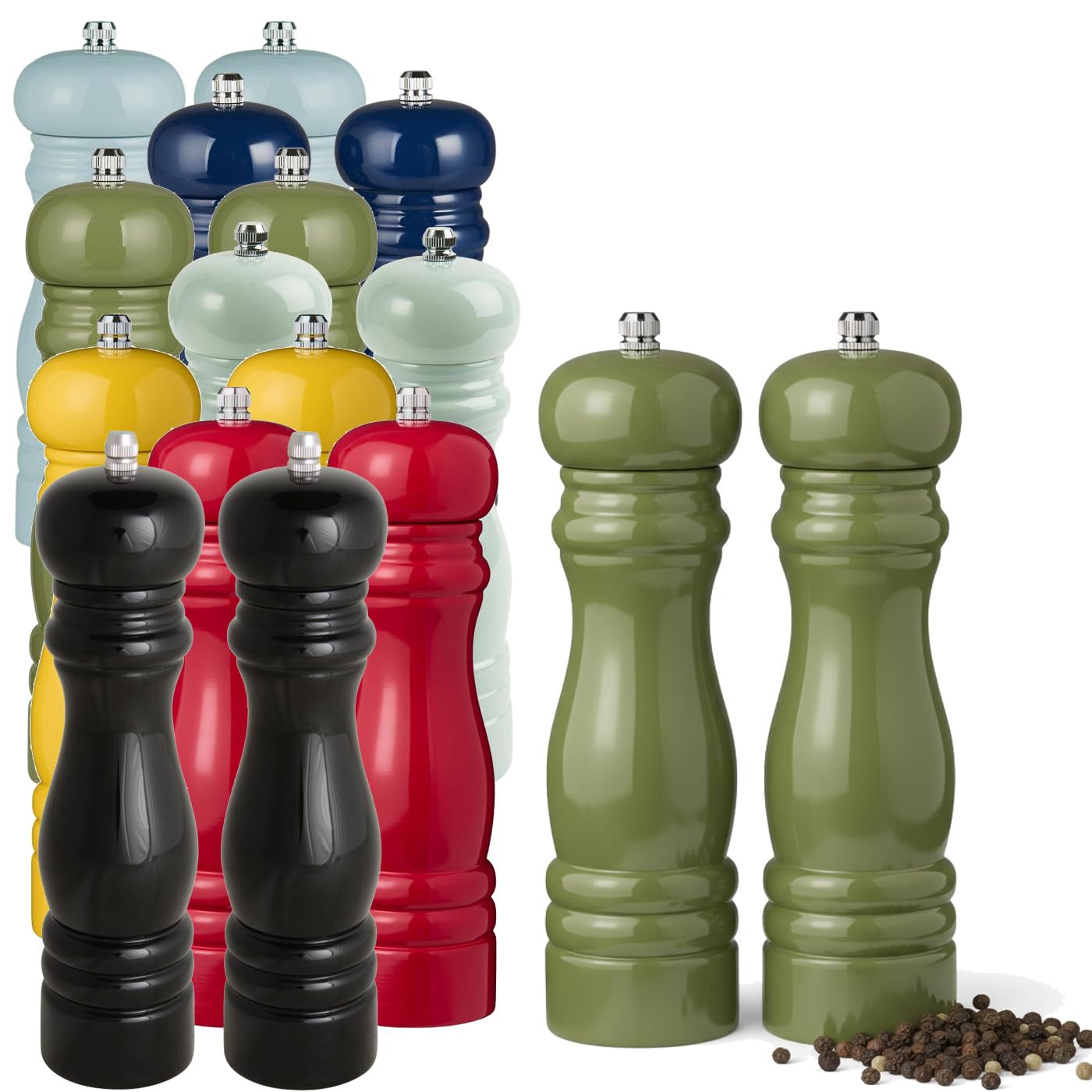 LS-LebenStil 2x Design Holz Salzmühle & Pfeffermühle 2´er Set Grün Olive 21x5cm Keramikmahlwerk Gewürzmühle Mühle für grobes Salz Pfefferkörner