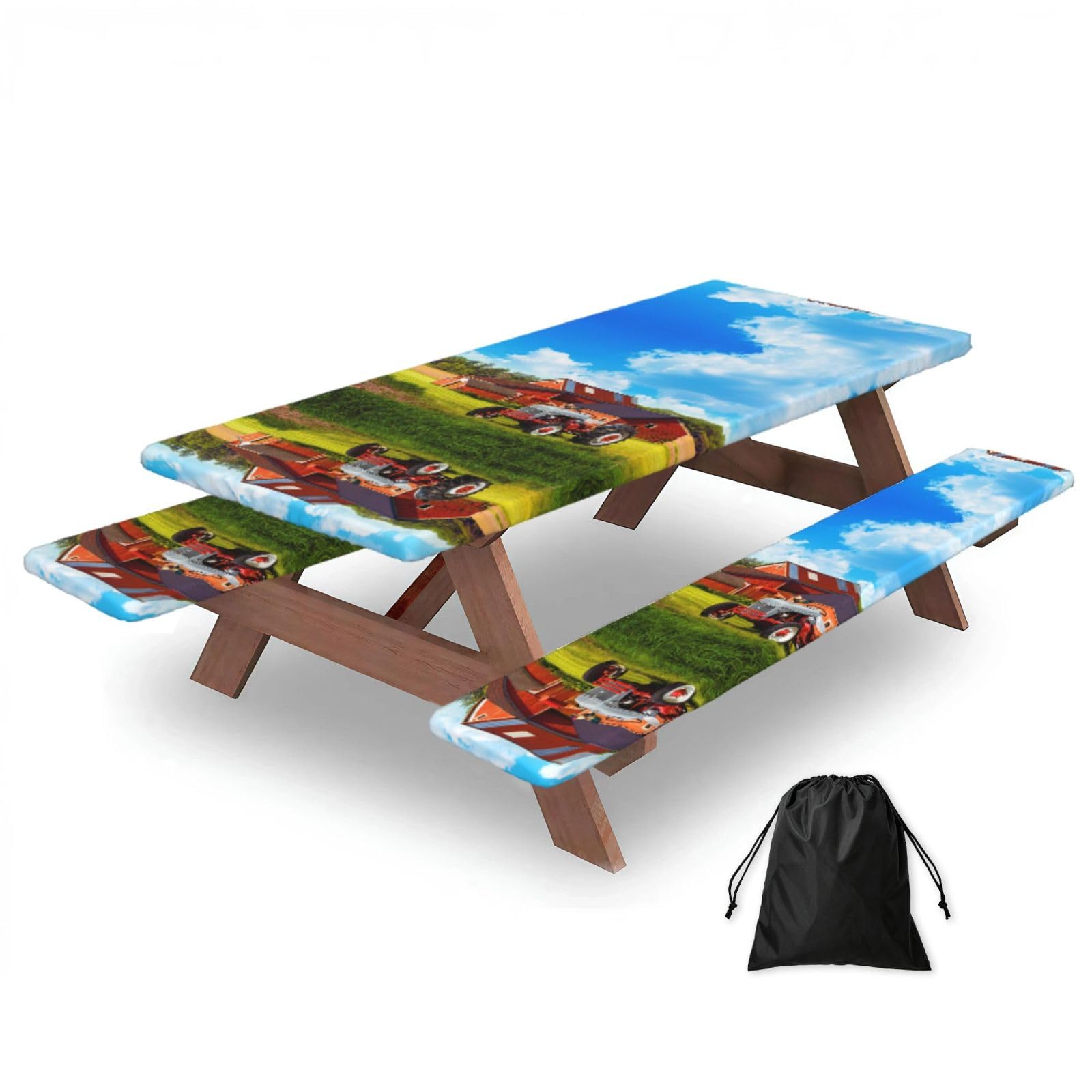 EZDLOWVBA Company Farm Tractor Print Picnic Table Cover With Bench Covers Waterproof Fitted Picnic Table Outdoor Elastic Picnic Tablecloth Outdoor Camping Essentials(3pcs)