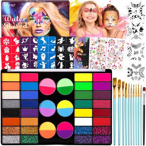 MKAKYES Pintacaras infantis, 44 cores pintura rosto crianças, pintura facial com 11 pincéis, 36 modelos, 2 Diamond Stickers, pintura corporal para Halloween festival festa cosplay
