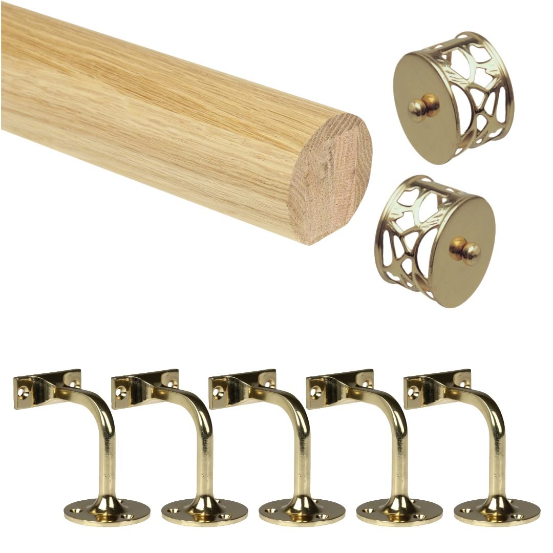 Oak Mopstick Handrail Kit 1800mm with Brass Wall Brackets & Brass Filigree End Caps | Wall Mounted Bannister Support Rail