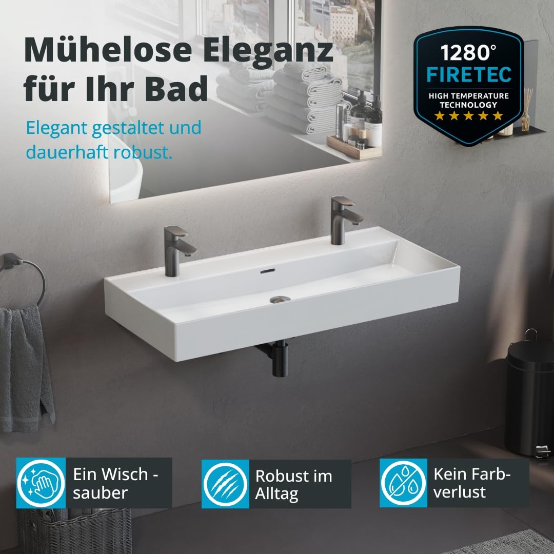 Aqua Bagno Double lavabo 100 cm blanc - Double lavabo moderne en céramique avec deux trous de robinetterie - Lavabo rectangulaire pour salle de bain - Facile d'entretien, robuste et adapté au montage