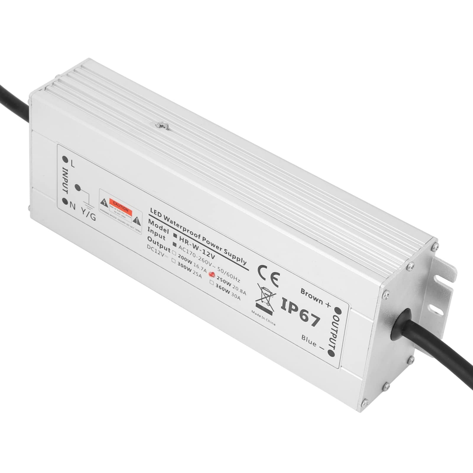 ViaGasaFamido Alimentatore LED da 250 W, Trasformatore Impermeabile IP67, Protezione da Sovratensione, 12 V 20,8 A per Strisce Luminose A LED e Illuminazione Dimmerabile (12V 20,8A HRW-12V250W)