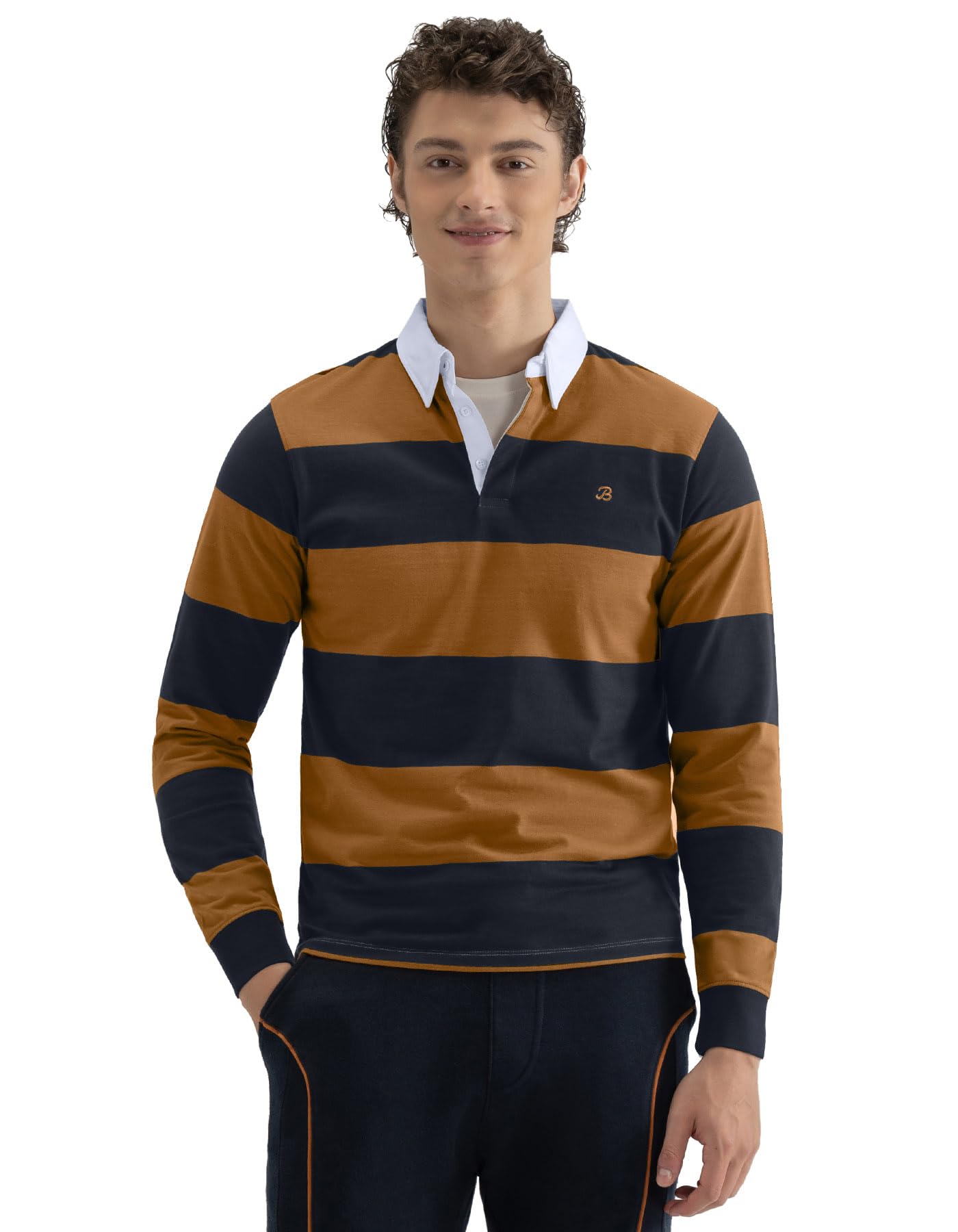 BRIAN OAK LONDON Mustard and Navy Yarn Dyed Striped Rugby Shirt (UK, Alpha, M, Regular, Regular, Mustard)