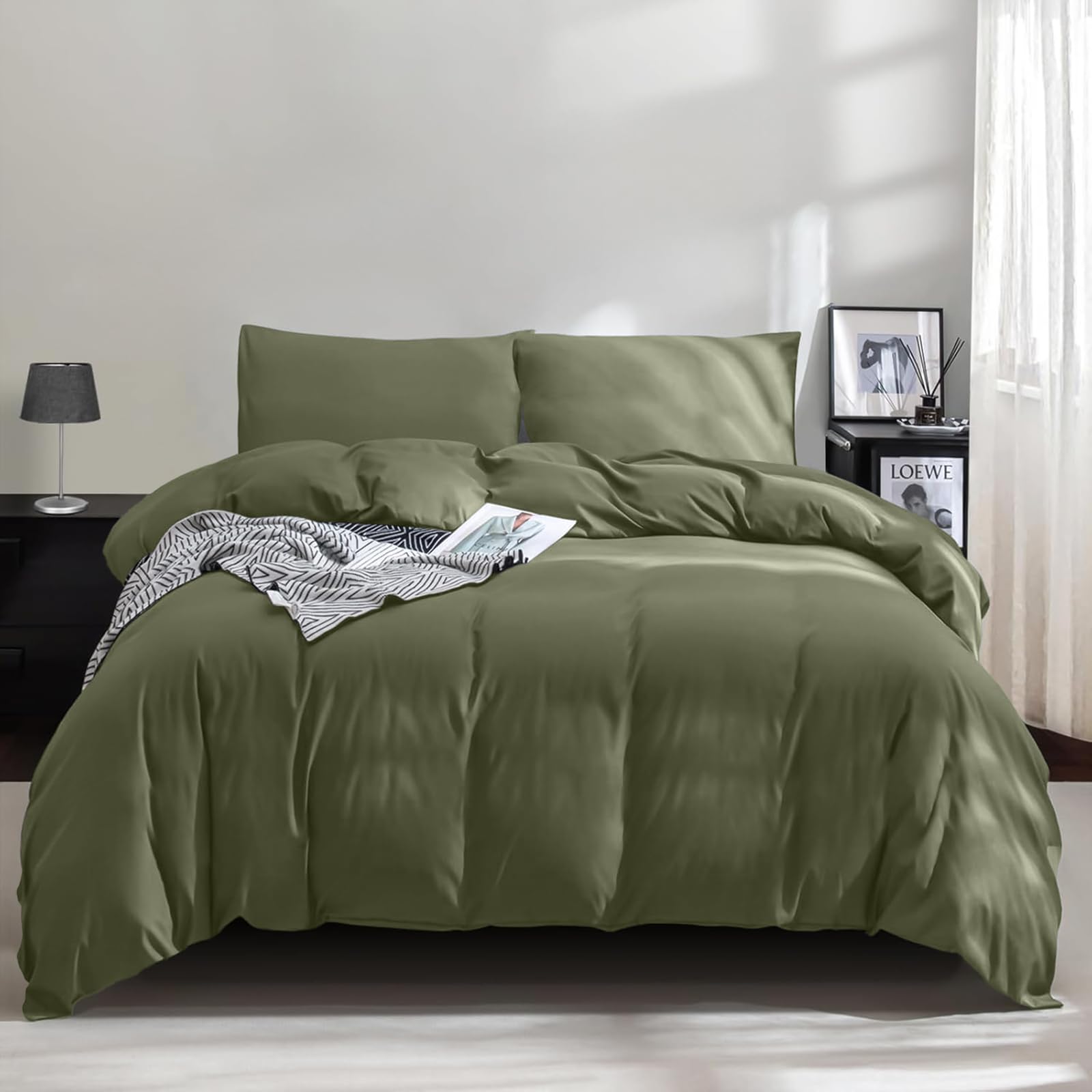 jianandi Funda Nordica Cama Algodón, Microfibra Funda Edredón, Ropa de Cama Suave Sin Arrugas Ropa de Cama con Ambos Cremallera, Verde, (Cama 200x220 cm + 2 Funda de Almohada 80×80 cm)