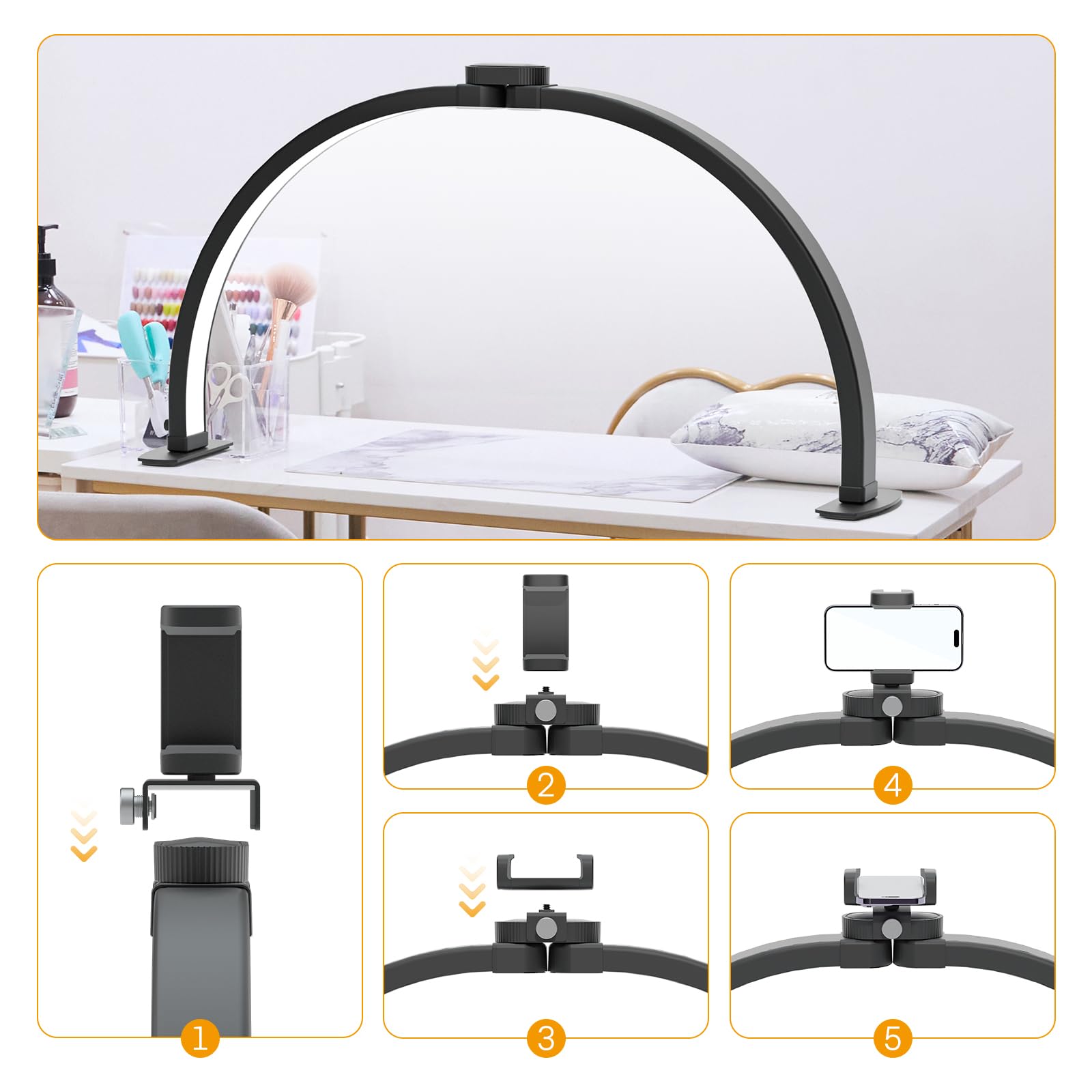TopDirect Lampara Media Luna, 29" 42W LáMpara De Escritorio De UñAs con Soporte para Teléfono Móvil, LED Professional Nail Light Lash Light, Luz de Pestañas para SPA Facial Manicura (Negro,73cm)