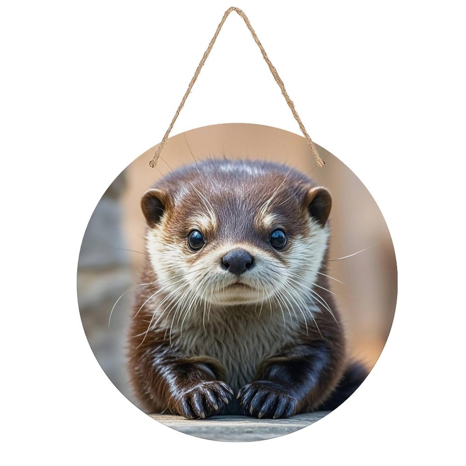 FekiLoot Round Cute Otter Wall Art Decor Painting Wooden Hanging Sign with Ropes Bohemian Wall Hanging Retro Mid Century Modern Wall Art for Home Bedroom Living Room 7.9x7.9 in