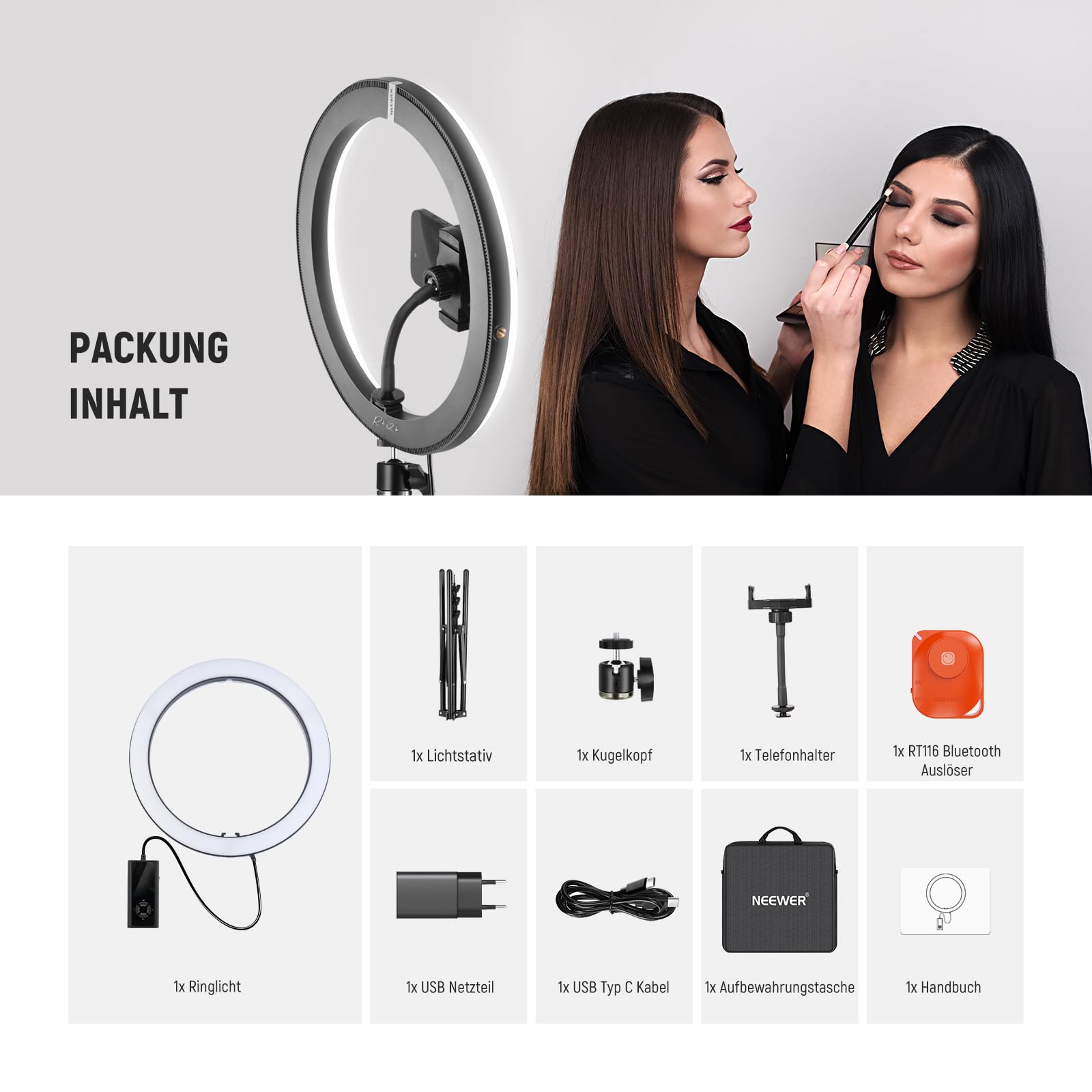 NEEWER 30,5cm(12Zoll) 24W Hochleistungs LED Ringlicht für Telefon mit 181 Zoll Halterung Bicolor 2900K-7000K USB Eingang Typ C PD CRI97+ 1810lux/0,5m 12 Szenen für Live Übertragung Zoom TikTok, RH12B