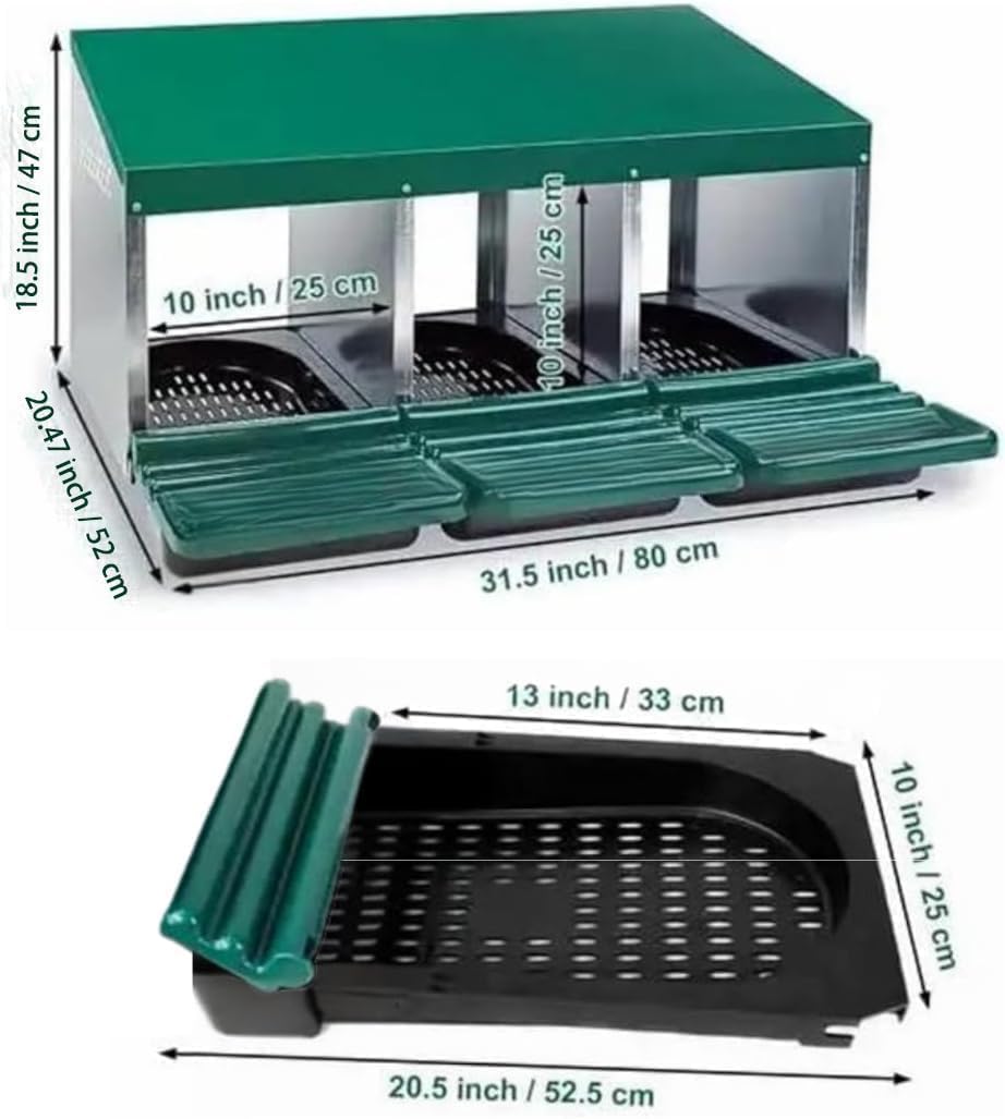 Garvee Ponedero para Gallinas de Metal con 3 Departamentos - Caja Nido con Recogida Automática de Huevos - Nido Galvanizado con Patas para Gallinero - Diseño Ventilado y Resistente - 80x52x47cm