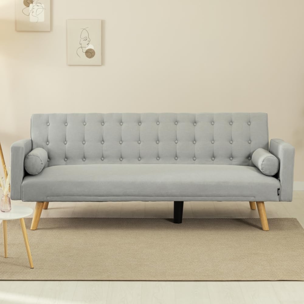 Nalui - Divano Letto 3 Posti Clic Clac 203x82x78cm One Dots con 2 Cuscini e Piedi Legno | Reclinazione Regolabile | Grigio