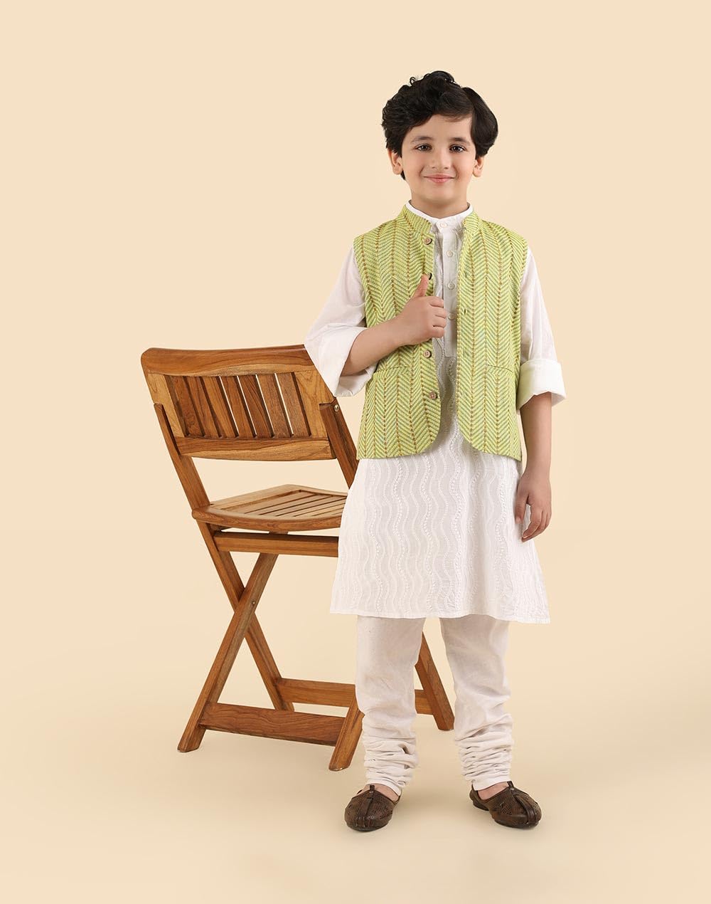 Fabindia Giacca Nehru con colletto mandarino stampato verde per bambini, verde, 3-4 anni