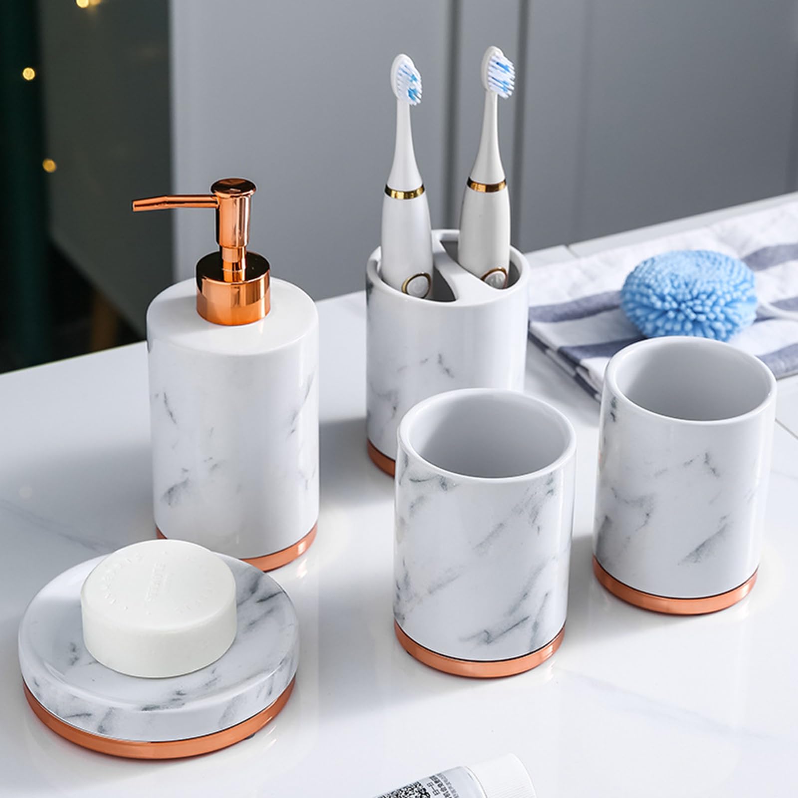 Badezimmer Seifenspender Set, 5 Teiliges Bathroom Accessories, Seifenspender Keramik, Zahnputzbecher, Seifenschale, Für Bad Organizer,Silber