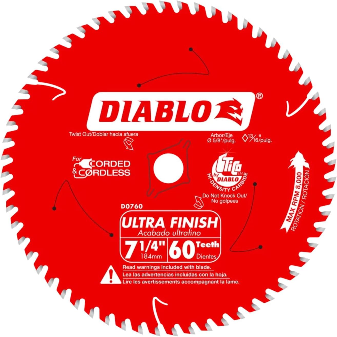 Diablo Ultra Finish Carbide Saw Blade for Wood - 7-1/4" Diameter, 60 ATB Teeth, 5/8" Arbor, .059" Kerf, 10° Hook Angle, .040" Plate, 8000 Max RPM - D0760A