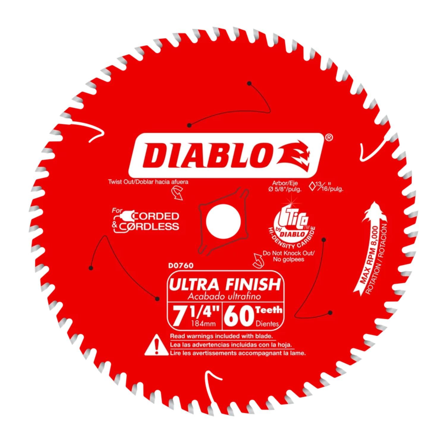 Diablo Ultra Finish Carbide Saw Blade for Wood - 7-1/4" Diameter, 60 ATB Teeth, 5/8" Arbor, .059" Kerf, 10° Hook Angle, .040" Plate, 8000 Max RPM - D0760A