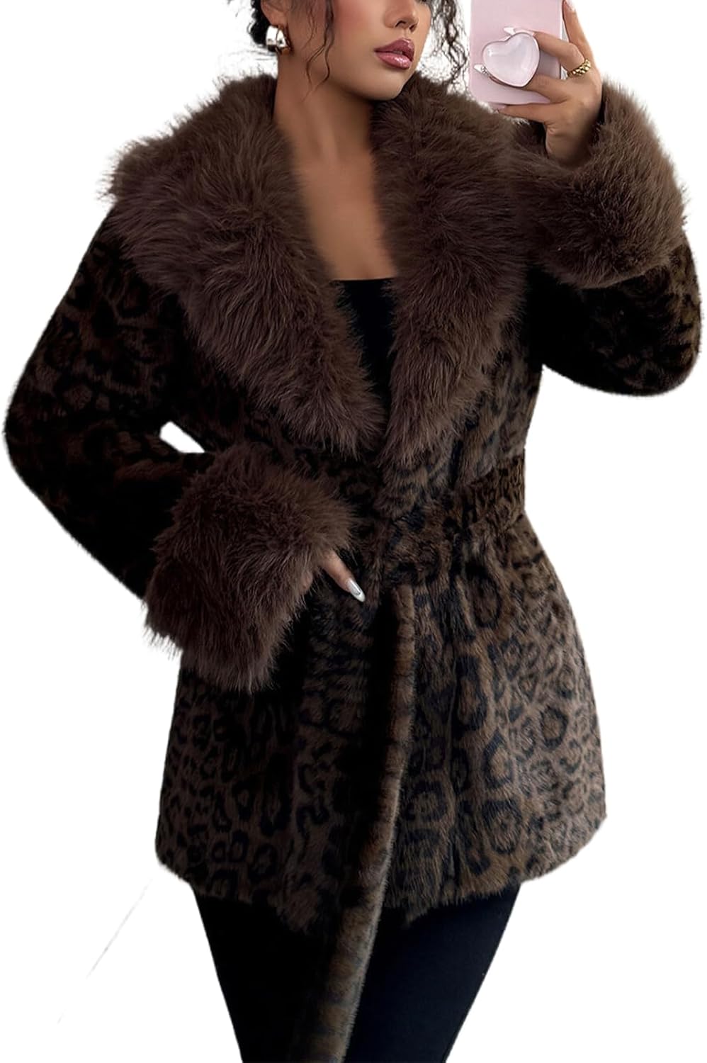 Women's Leopard Print Fluffy Faux Fur Coat Winter Shaggy Open Front Casual Oversized Lapel Jacket Warm Outerwear