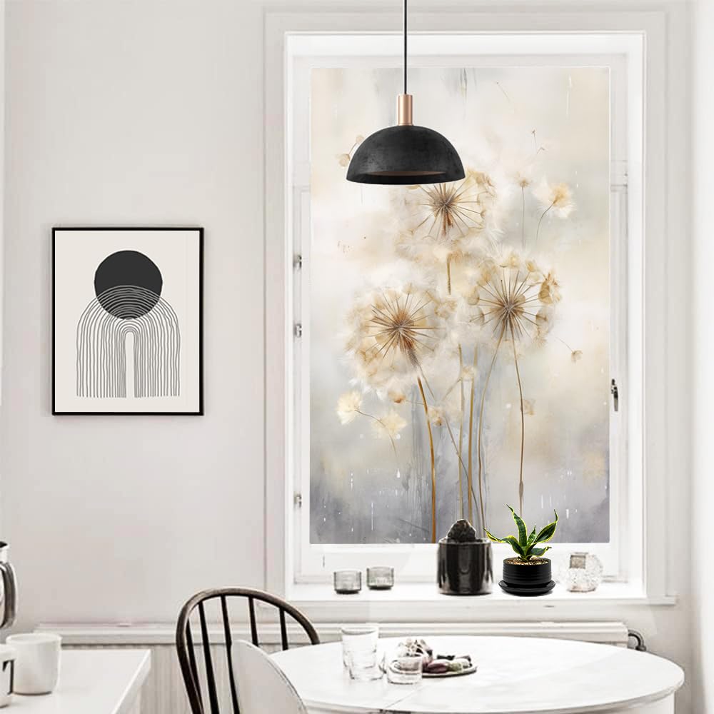 Sichtschutzfolie im Vintage-Stil, abstrakt, Löwenzahn, Aquarell, rustikal, Naturpflanze, Milchglas, Fensterfolie, dekorativ, statisch haftend, für Glas für Zuhause, 90 x 160 cm