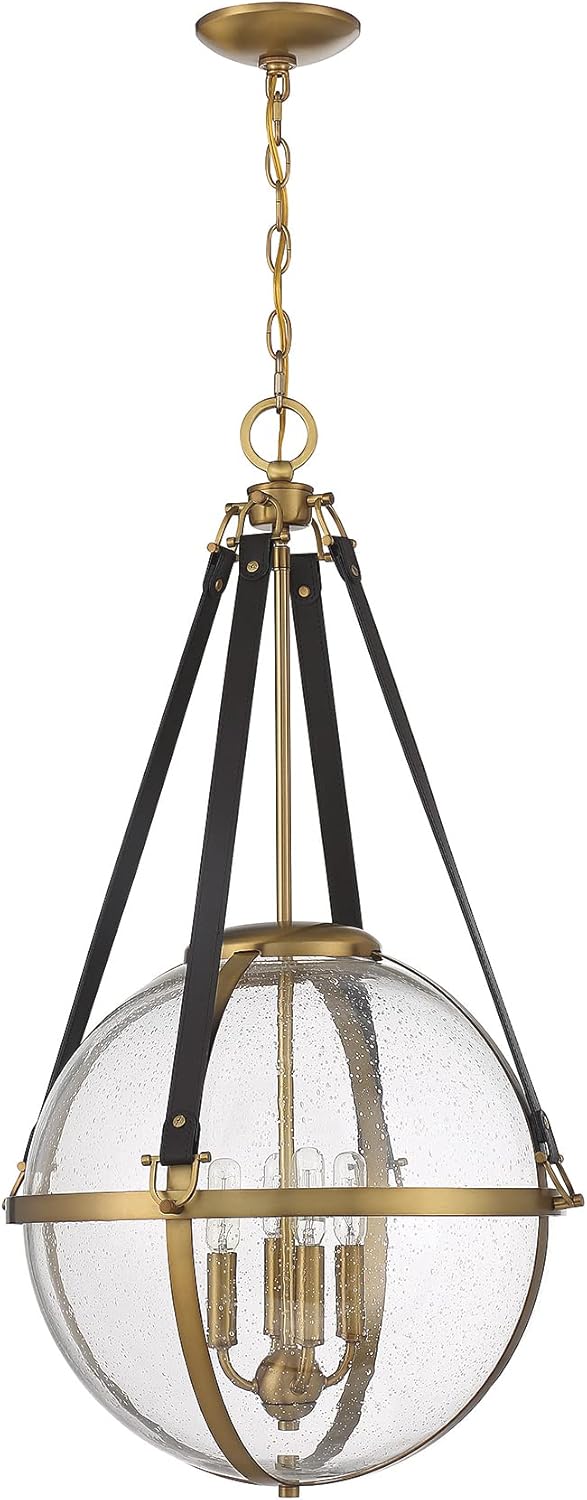 Savoy House 7-1836-4-322 Bozeman Rustic Equestrian-Inspired Seeded Glass Pendant with Chocolate Leather Band, 4-Light 240 Total Watts, 33" H x 18" W, Warm Brass