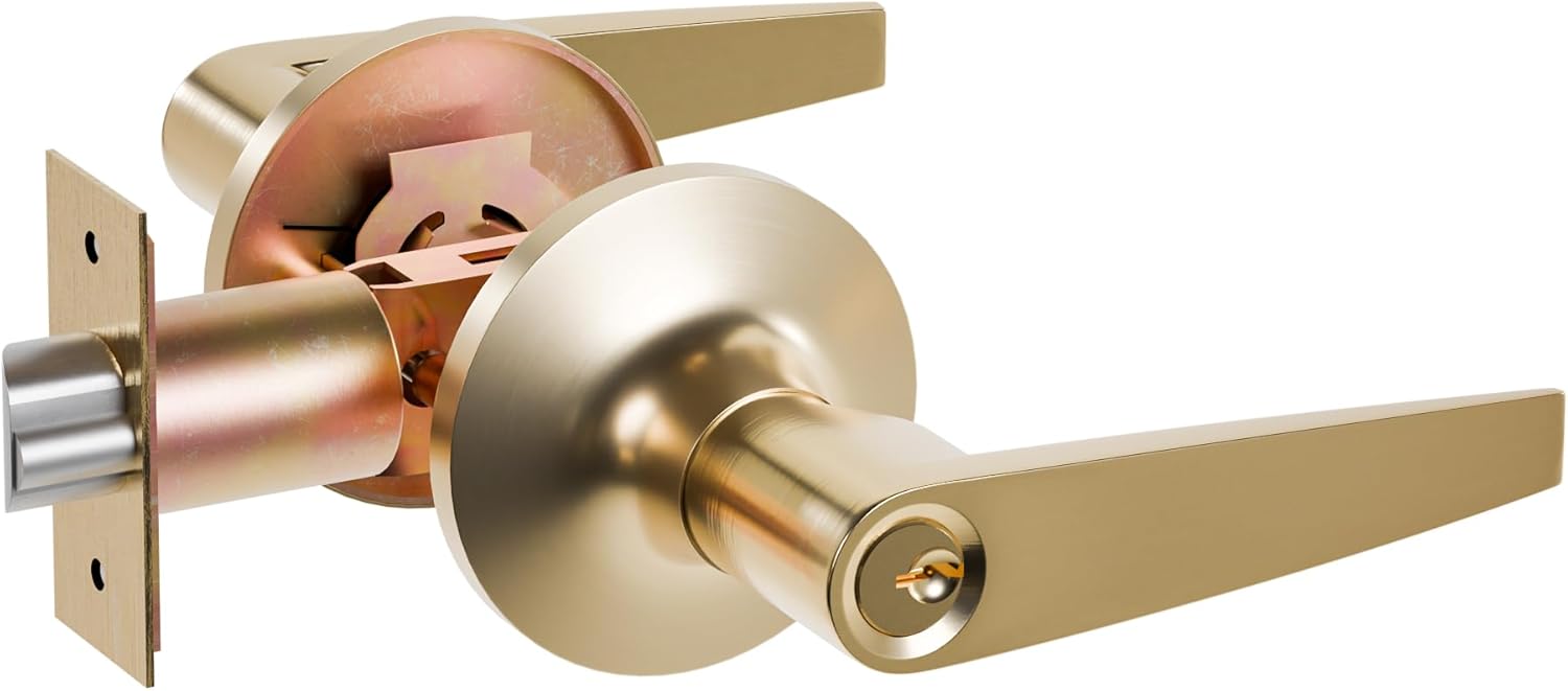 1 Pack of MANREN Lever Keyed Entry Door Lever Handle Lock, Universal Door Knob Hardware,Entrance Type,Gold Color (MR82ET-G)