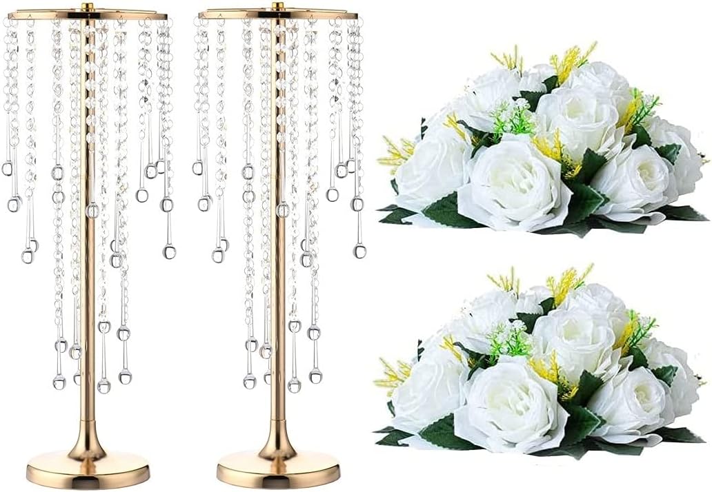 2 Pcs of Wedding Center Stand Vases and Tall Metal Flower Candle Holder with Crystal with 2 Sets of Artificial Bouquets and Very Suitable for Wedding Bouquet Center Decor