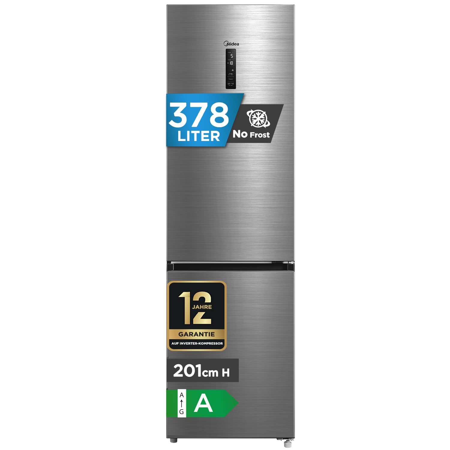 Midea Kühlschrank mit Gefrierfach | 378L Kühl-Gefrierkombination (256L + 122L) | Leise 29 dB | Inverter Kompressor, NoFrost, Metal Cooling, 113 kWh/Jahr | 201 cm Höhe, ‎ Edelstahl MDRB521MGA46D