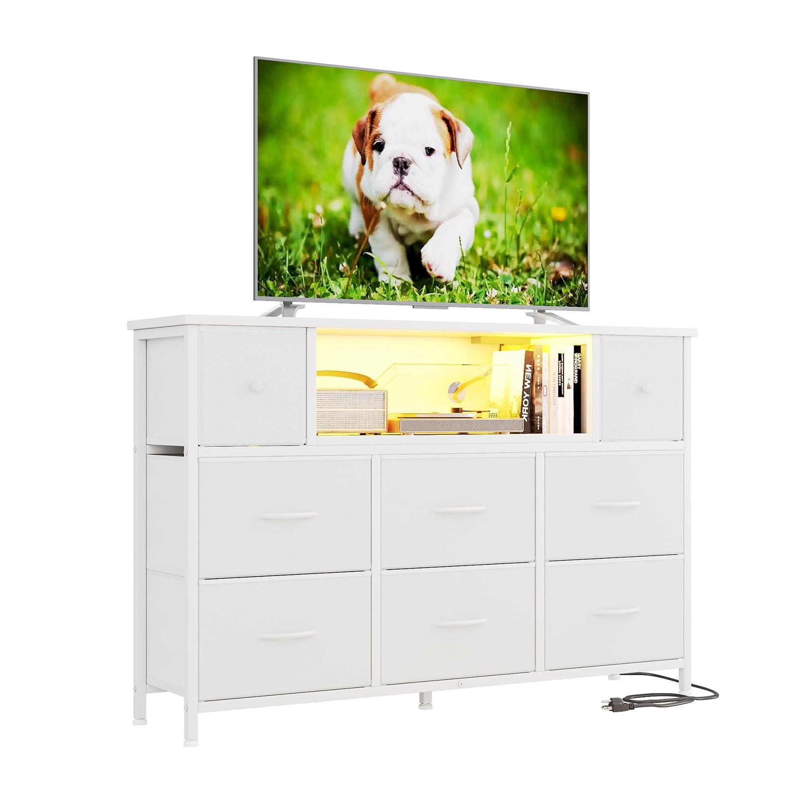 Flrrtenv Chest of Drawers, 8 Fabric Drawers Cabinet, 120CM TV Stand with Power Outlets and LED Lights for 55'' TV, for Bedroom Living Room & Entryway, Home Office, Console Table, White