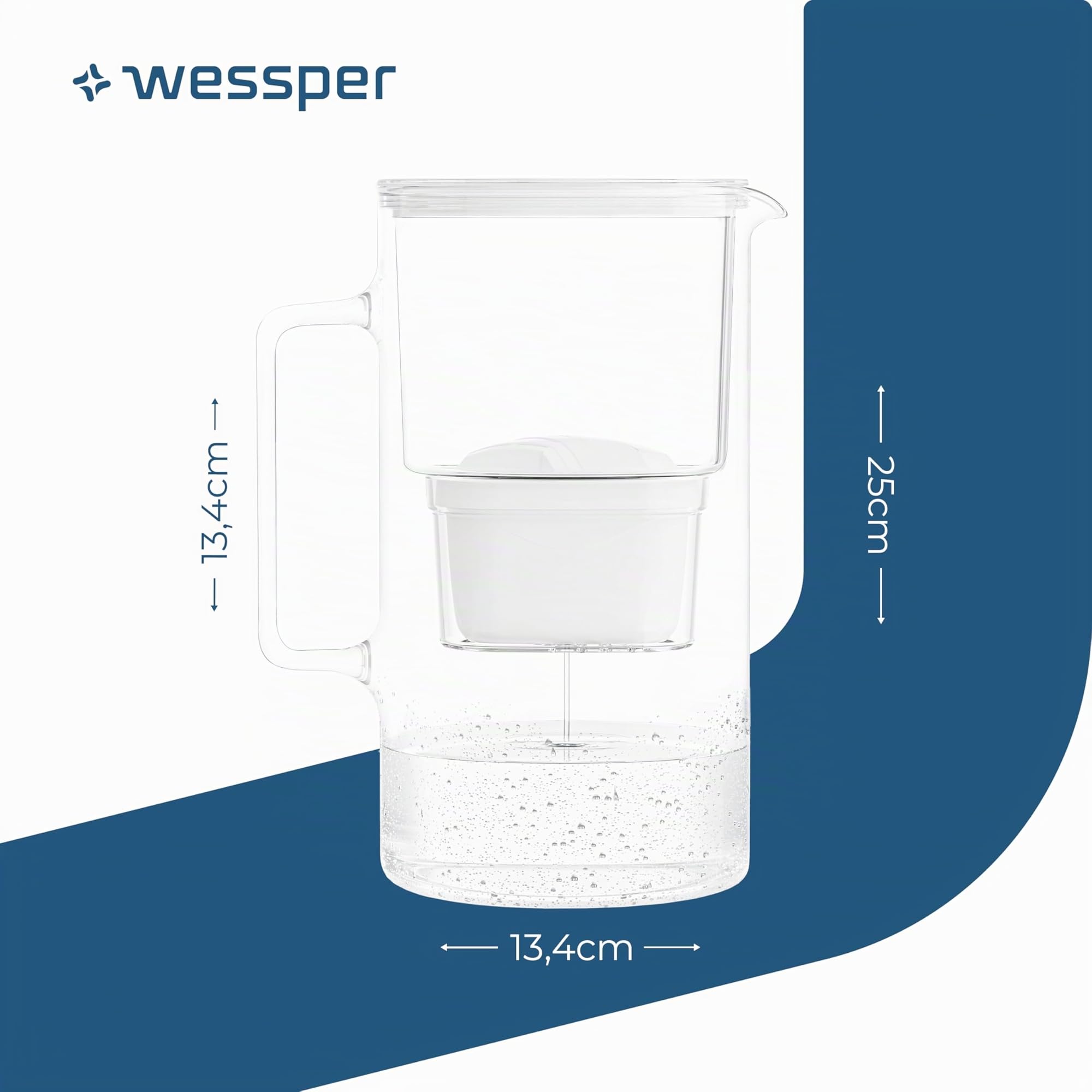 Wessper jarra con filtro de agua cristal de 3 l, juego compuesto por una jarra y 2 filtros Aquamax, reduce el cloro y los metales pesados, sin BPA - Blanco