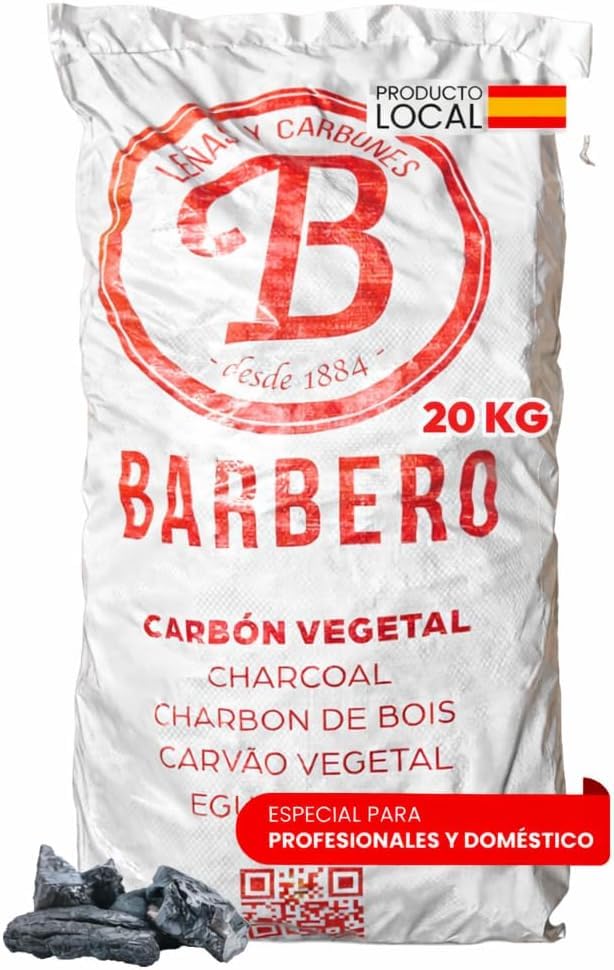 Carbón Vegetal Barbacoa Encina 100 Natural Grueso Saco 20kg Profesional Hostelería Cocina Exterior Brasa Gourmet Alta Temperatura Sin Humo Combustión Lenta Aroma Sabor Carnes (Saco, 1, Unidad)