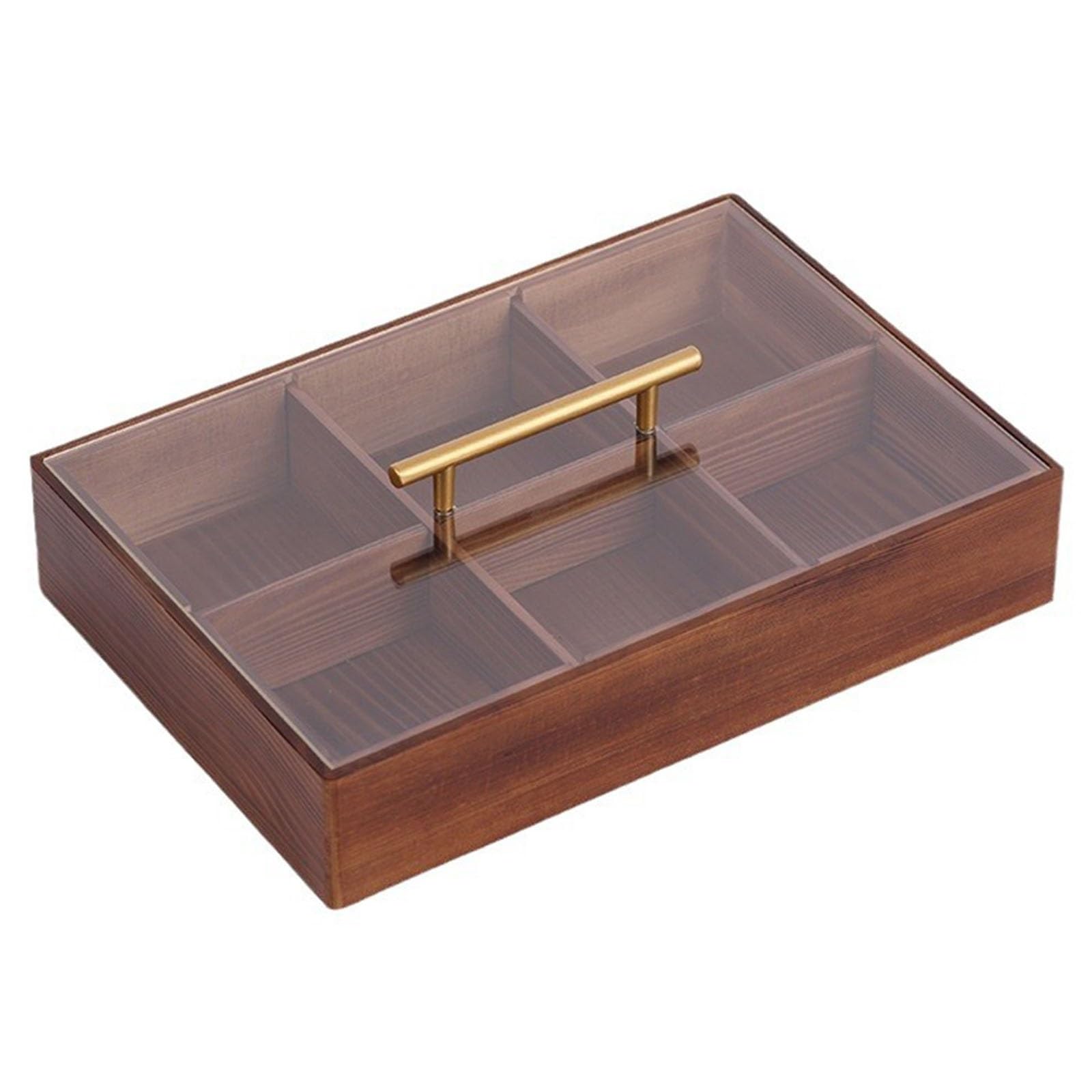Plateau de service carré avec couvercle – Plateau en bois divisé à 6 compartiments avec couvercle en verre acrylique transparent pour noix, fruits secs, bonbons et sachets de thé