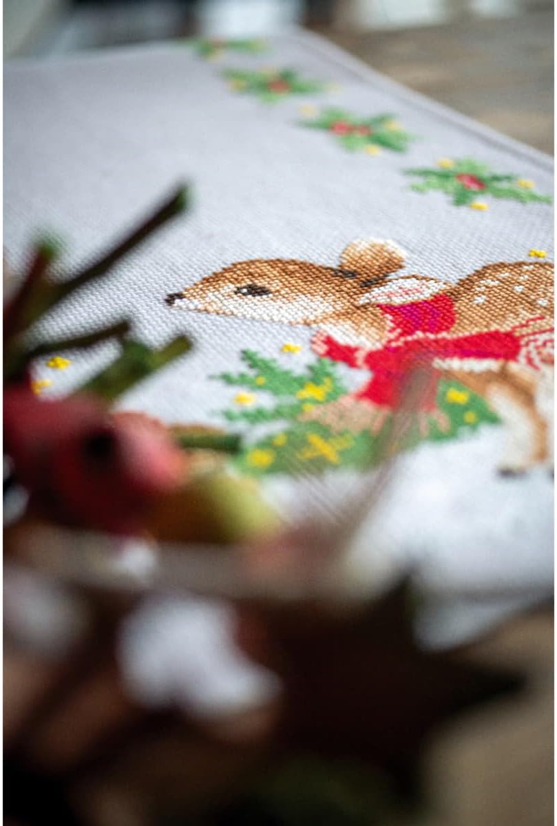 Vervaco Counted Cross Stitch kit tablechloth Hirsch mit Kaninchen, 32x84cm, DIY