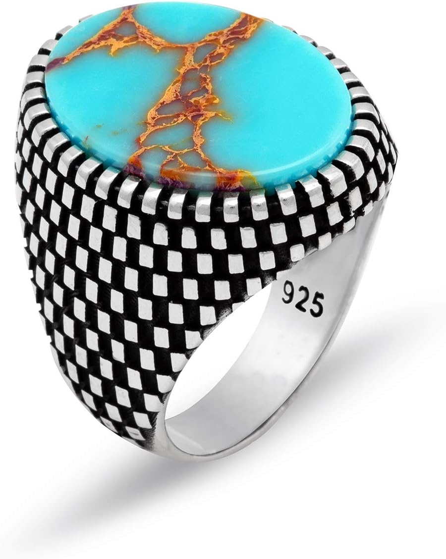 ChicottaMen's 925 Sterling Silver Statement Ring with Antique Turquoise Stone