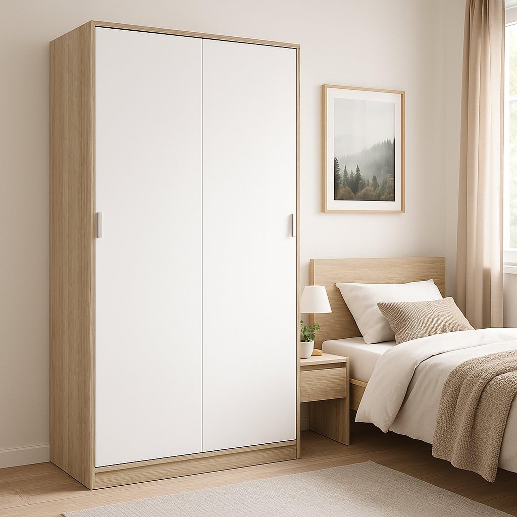 Dmora - Guardaroba 2 ante Waterbury, Armadio per camera da letto, Mobile con 4 ripiani e barra appendiabiti, 120x50h200 cm, Rovere e Bianco