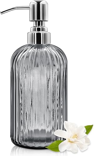 Miniatura 9 de Dispensador de jabón de vidrio de 18 onzas con bomba de acero inoxidable, botella de jabón líquido recargable de diseño moderno acanalado para baño,