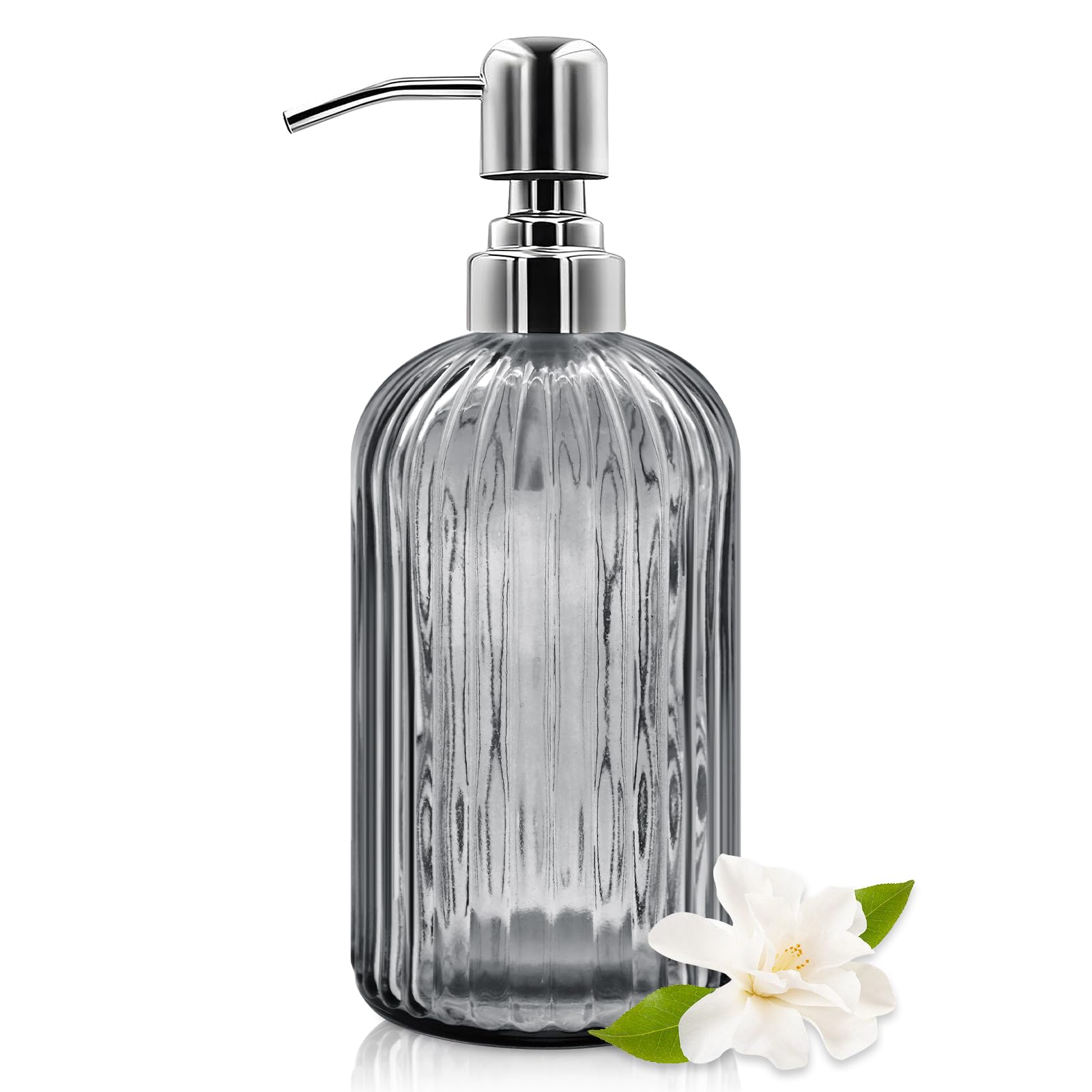 Distributeur de savon en verre de 532 ml avec pompe en acier inoxydable, bouteille de savon liquide rechargeable au design moderne côtelé pour salle de bain, cuisine, savon pour les mains, savon à