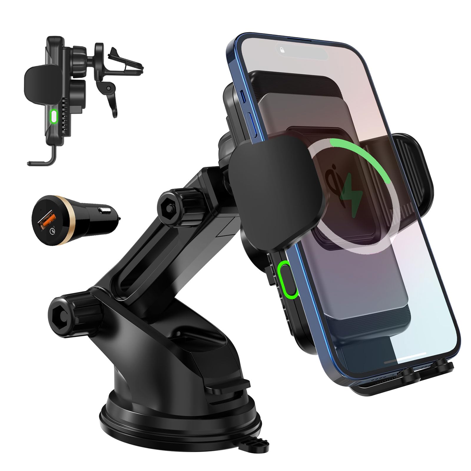 Wefunix Wireless Car Charger, 15W Fast Charging Automatic Clamping Car Phone Holder Phone Mount Compatible with iPhone 16 15 14 13 12 11 XS SE Samsung Galaxy S25 S24 S23 S22 S21 S20 Note 20/10 Huawei