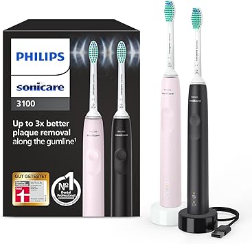 Philips Sonicare 3100 elektrische Zahnbürste, Schallzahnbürste, Andruckkontrolle und Timer, Sugar Rose und Schwarz, Zweierpack, Modell HX3675/15