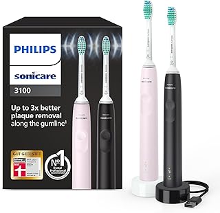 Philips Sonicare 3100 elektrische Zahnbürste, Schallzahnbürste, Andruckkontrolle und Timer, Sugar Rose und Schwarz, Zweierpack, Modell HX3675/15