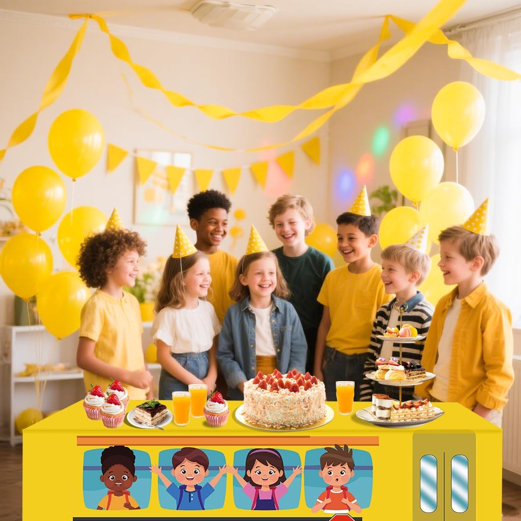 2PCS 6Ft School Bus Tablecloth Washable First Day of School Table Cloth Party Decorations Polyester Cartoon Rectangle Table Cover for Classroom Home Back to School Day Graduation Party Favor