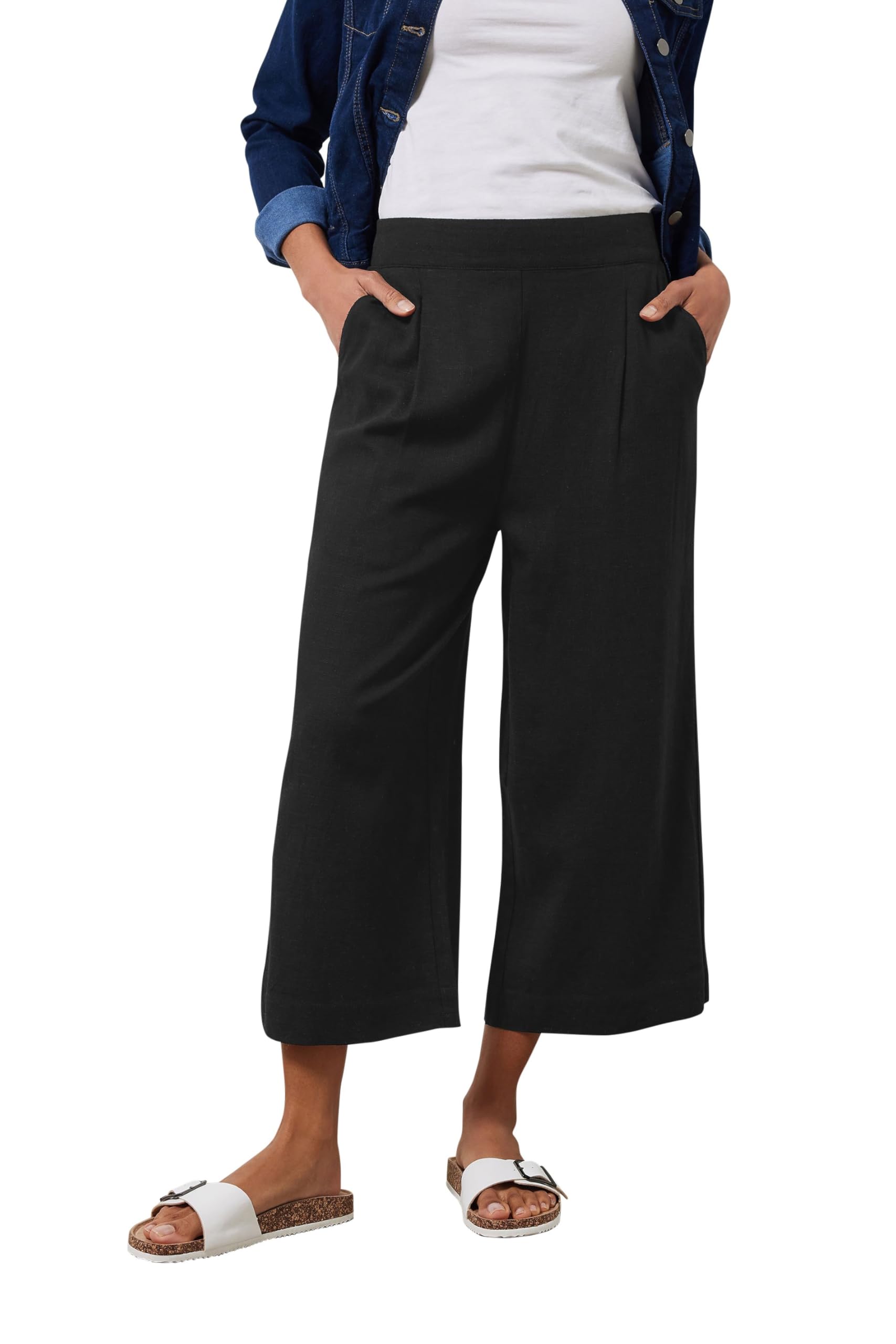 M&Co Women's Black Cropped Wide Leg Linen Trousers