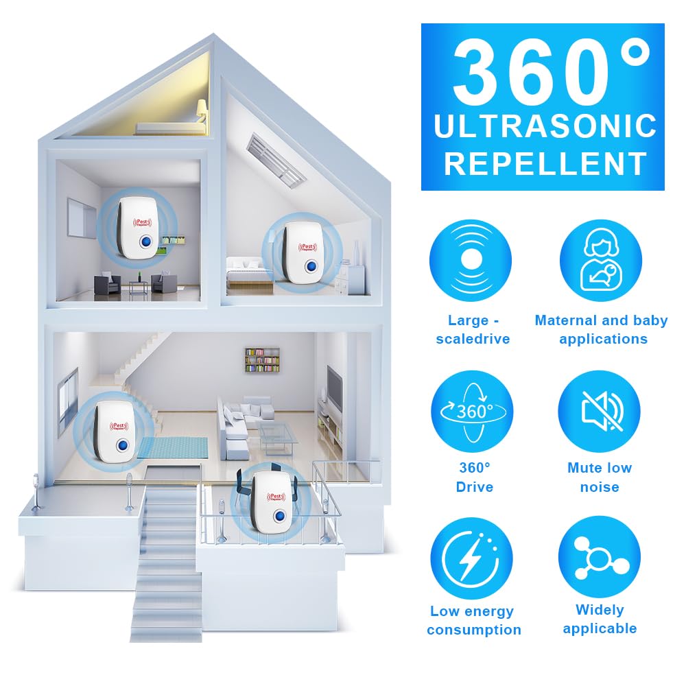 Repelente Ultrasónico de Plagas, 4 Pack Pest Reject, Ultrasónico Repelente Cucarachas, Ahuyentador de Ratas para Anti Mosquitos, Moscas, Ratones, Cucarachas, Arañas, Roedores
