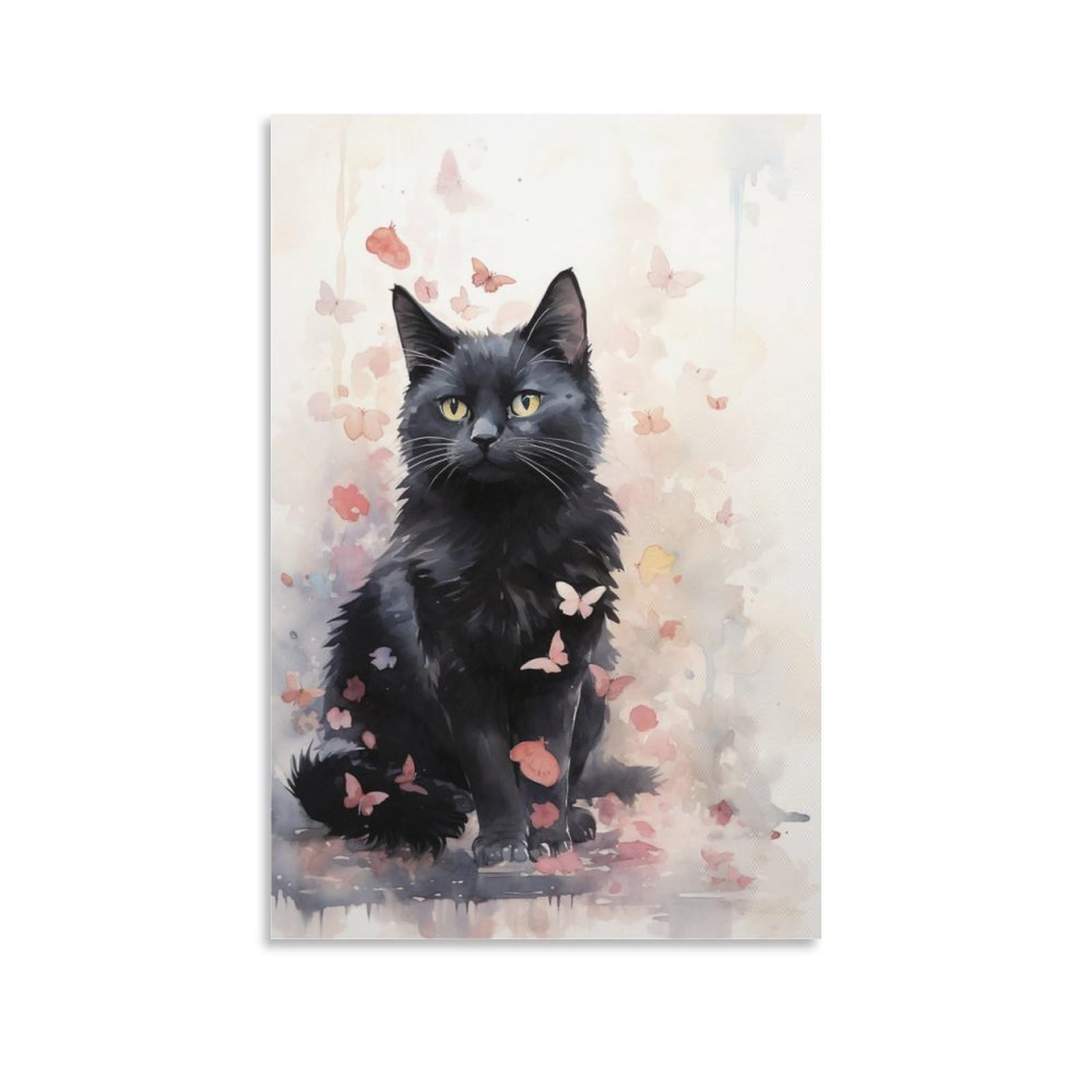 FOCCAR Beautiful Black Cat Wall Art Prints Vintage Butterfly Cute Kitten Pictures on Canvas Poster Wall Decor for Bedroom Home Decorations