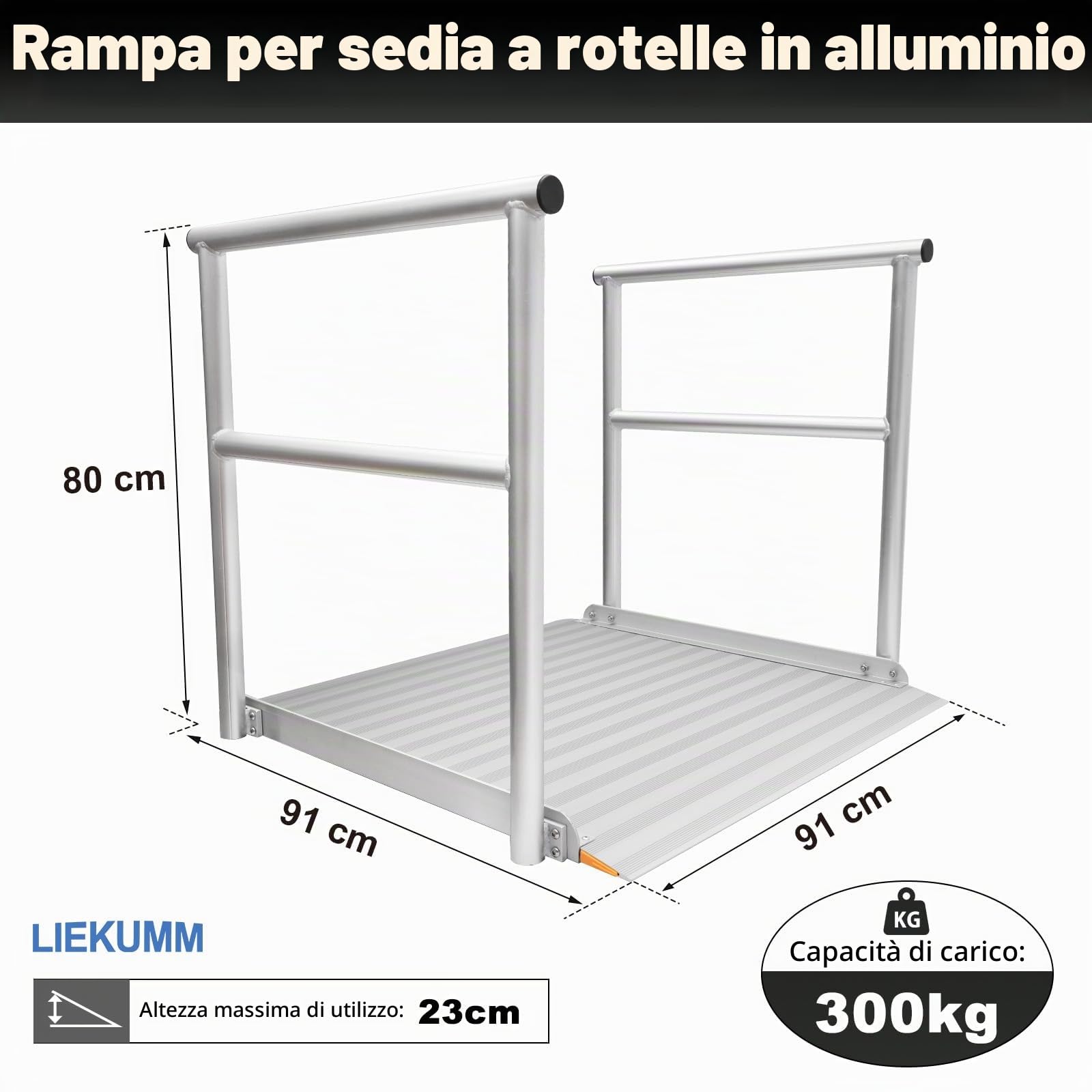 LIEKUMM Rampa per sedia a rotelle in alluminio, 91 x 91 cm, con corrimano (80 cm di altezza), capacità 300 kg, per casa, gradini, scale, marciapiedi, apertura della porta per sedie a rotelle, scooter