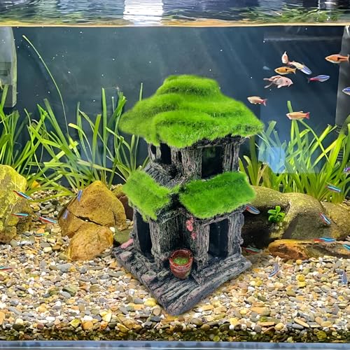 Image of Hamiledyi Fish Hideout House for Aquarium Decorations, Betta Cave with Lifelike Moss, Come with 2 PCS Artificial Plants, Fish Tank Decoration for Shrimp Fish Shelter