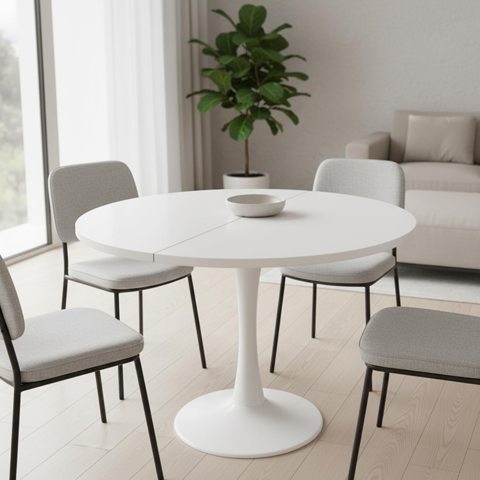 Mesa de Comedor Redonda Extensible, Blanca, 100-140 x 100 x 75 cm, para 4-6 Personas, Ideal para Comedor, Cocina y salón (A)