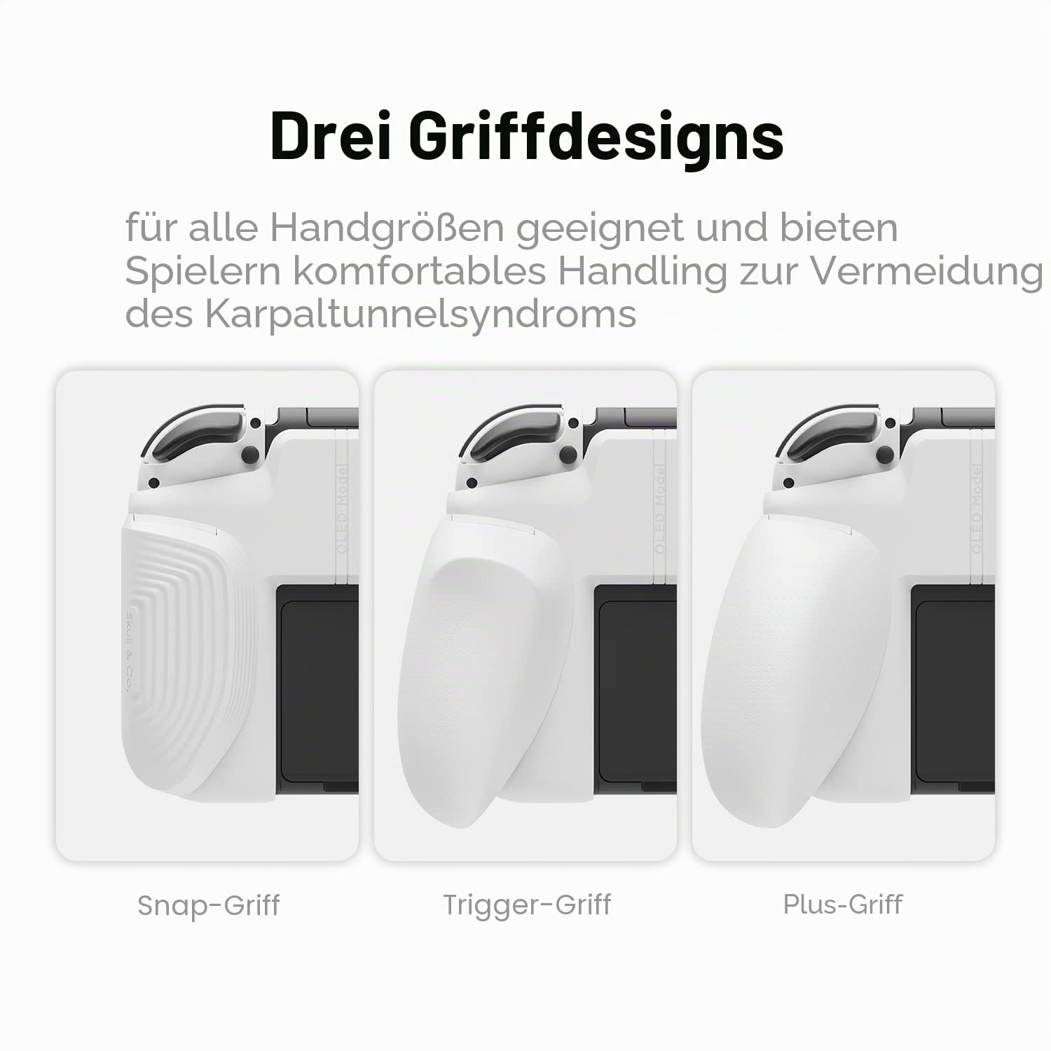 Skull & Co. NeoGrip Bundle für Nintendo Switch OLED und Regular Modell: Eine andockbare Schutzhülle mit austauschbaren Griffen [passend für alle Handgrößen] [mit Tragetasche] - OLED Weiß