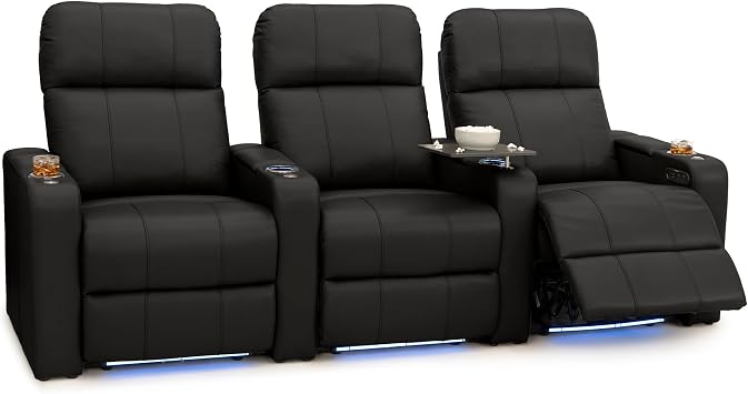 Seatcraft Monterey Black Italian Leather Home Theater Seating, Zero Gravity Power Recliner, Gaming and Home Office Chair, Powered Headrest Furniture for Family Cinema Room, Row of 3