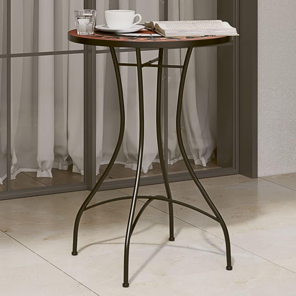 SXZenSpace Mosaic Bistro Table 50 cm Terracotta and White Ceramic Garden Coffee with Powder-Coated Iron Frame for Small Balcony Patio Outdoor 70 Height